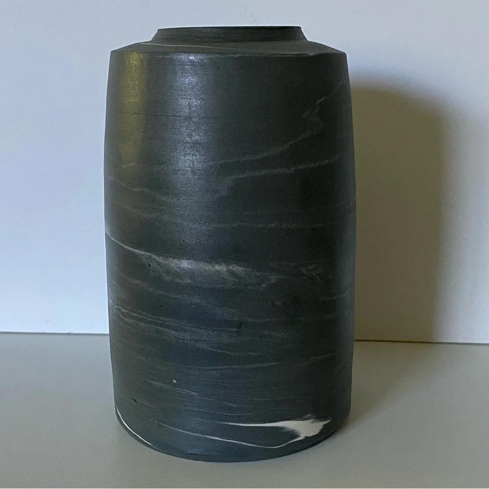 Clay Swirl Pottery Vase Handmade Gray White Marble Look 6” Matte Finish Nemadji